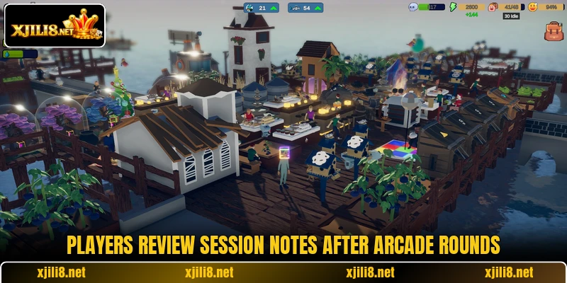 Players review session notes after arcade rounds Players review session notes after arcade rounds